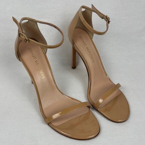Stuart Weitzman Nudistsong Stiletto Ankle Wrap patent Leather Heels 8.5 Nude - Picture 3 of 12